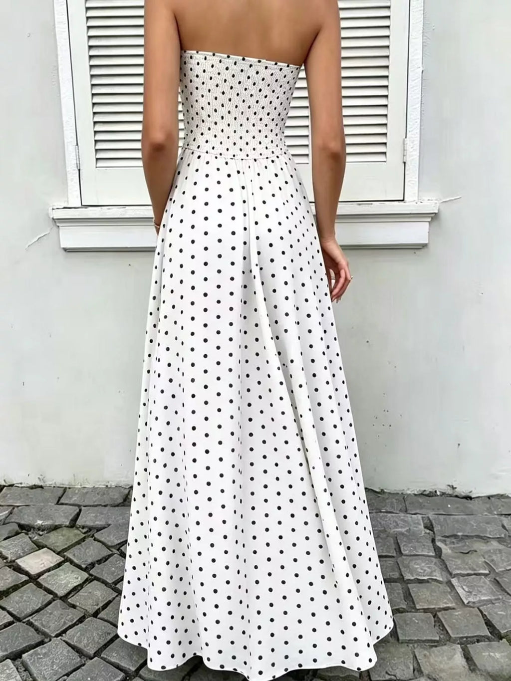 Strapless Polka-Dot Ruched Maxi Dress, S–2XL