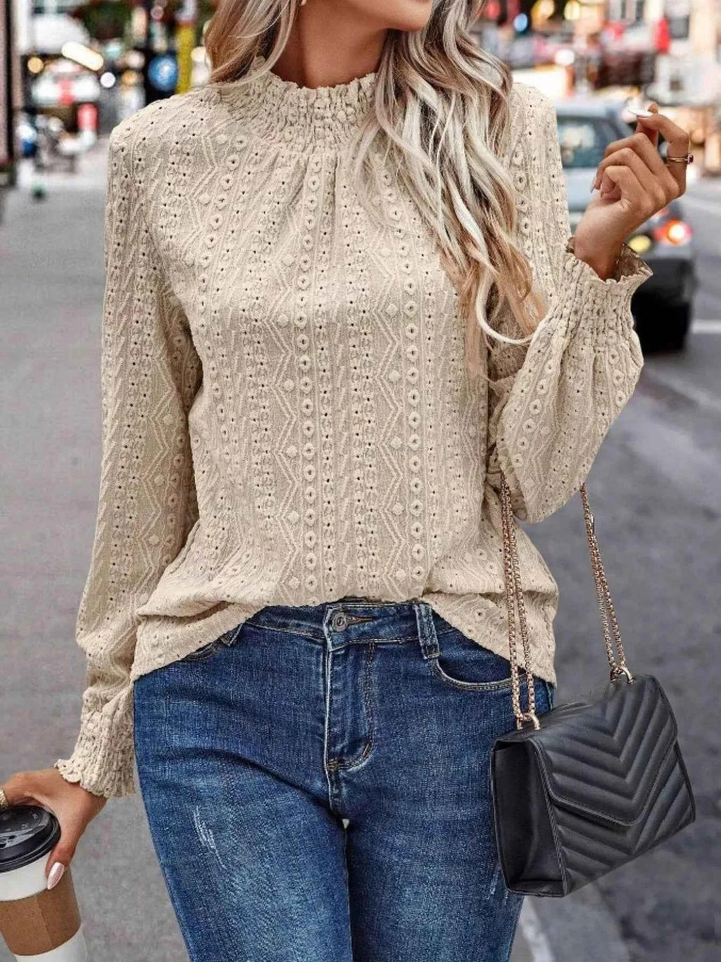 Textured Mock-Neck Eyelet Blouse