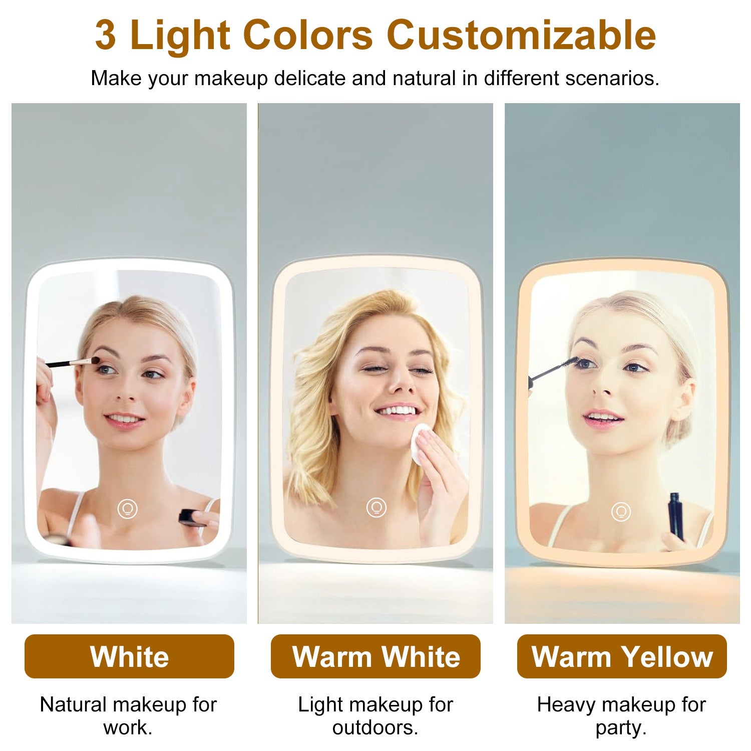 LED Lighted Makeup Vanity Mirror – 3 Light Colors, Touch Screen, USB Rechargeable | White — Eliza & Tuan