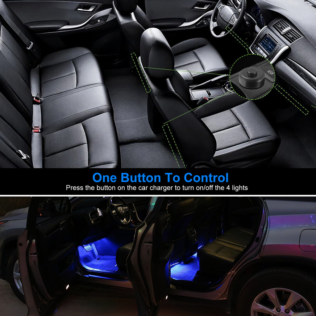 4Pcs Blue LED Car Interior Atmosphere Lights | DC 12V | 360° Adjustable | One-Button Control | Easy Install — Eliza & Tuan