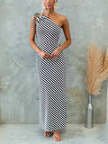One-Shoulder Striped Tie-Detail Maxi Dress