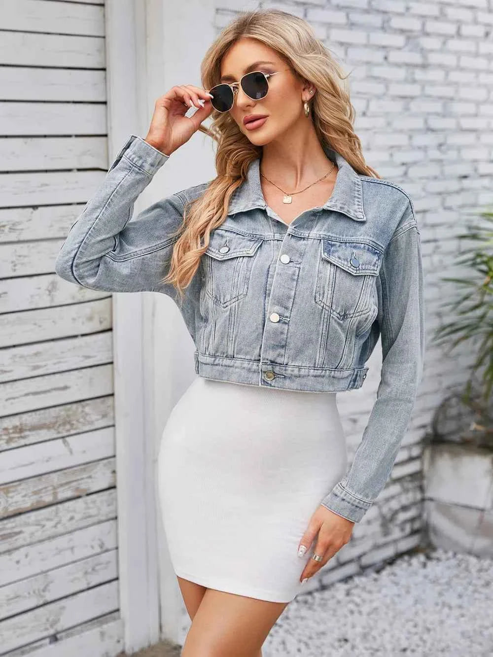 Cloudy Blue Cropped Denim-Look Jacket