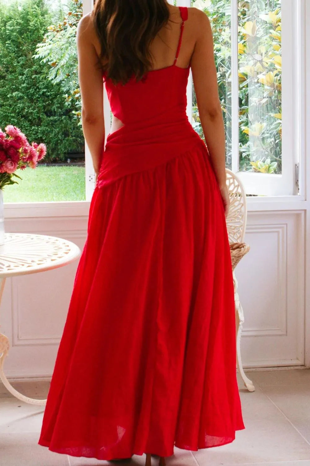 V-Neck Side-Cutout Ruched Maxi Dress