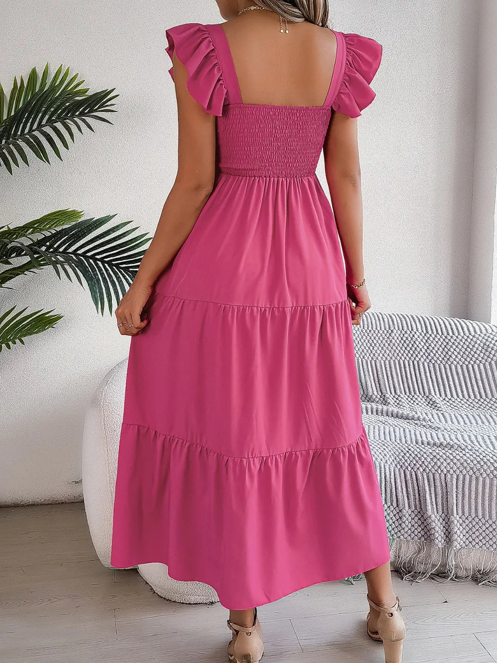 Smocked Square-Neck Cap-Sleeve Midi Dress