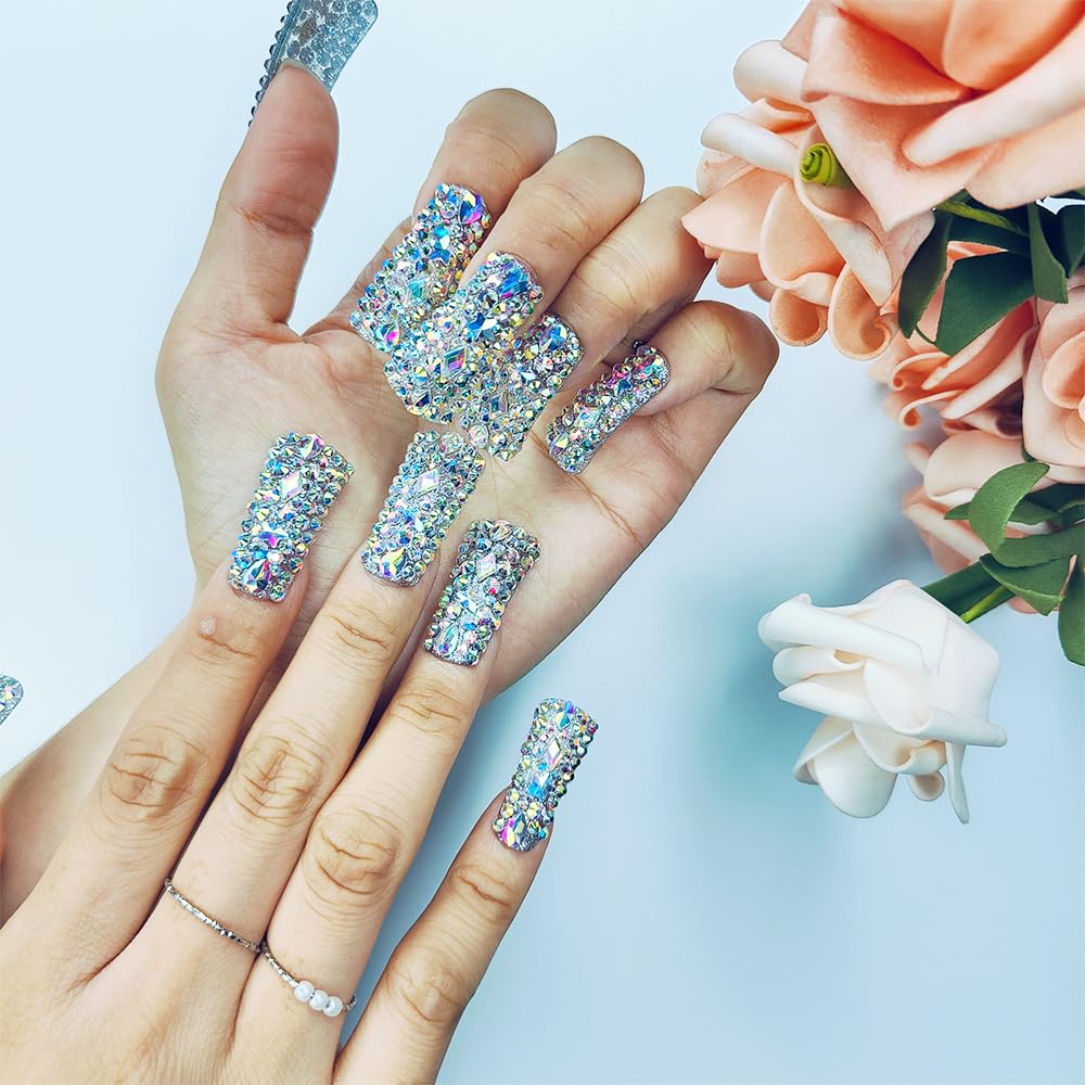 Full Diamond Duck Press-On Nails – 3D Crystal Aurora Edge | Handmade PMMA Acrylic, Gift Box — Prime Trend Market