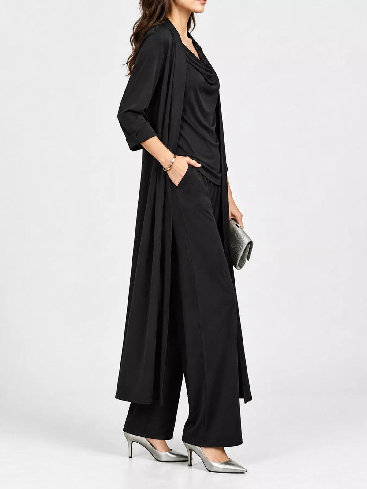 Cowl-Neck Top, Cardigan & Wide-Leg Pants Three-Piece Set