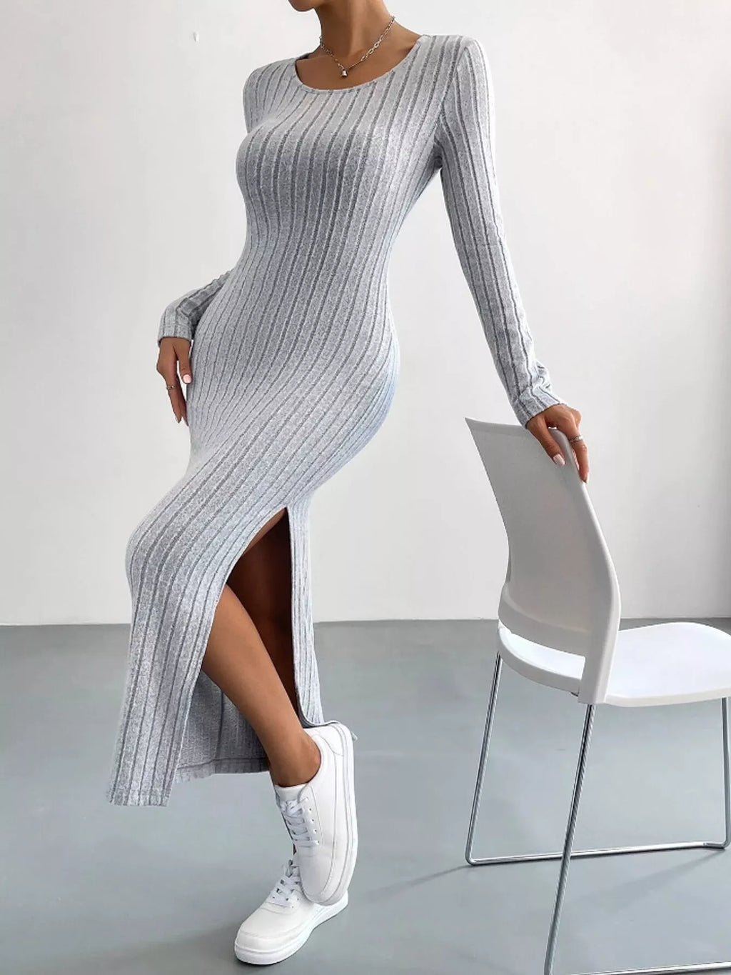 Long-Sleeve Side-Slit Ribbed Knit Midi Dress