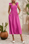 Hot Pink Smocked Ruffle-Strap Midi Dress