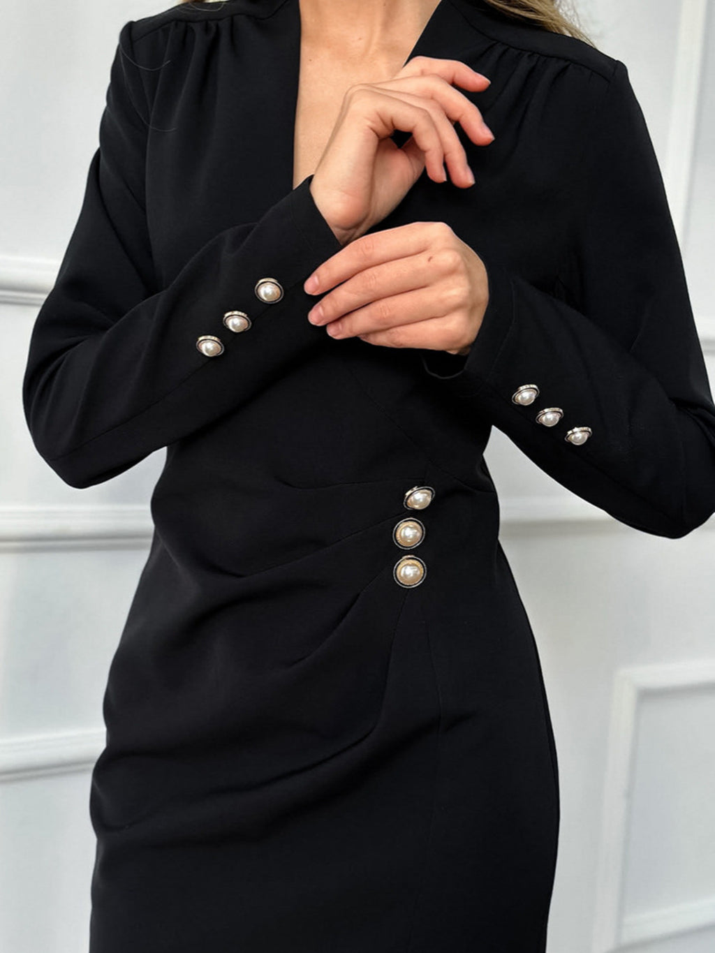 Ruched Surplice Button-Detail Mini Dress