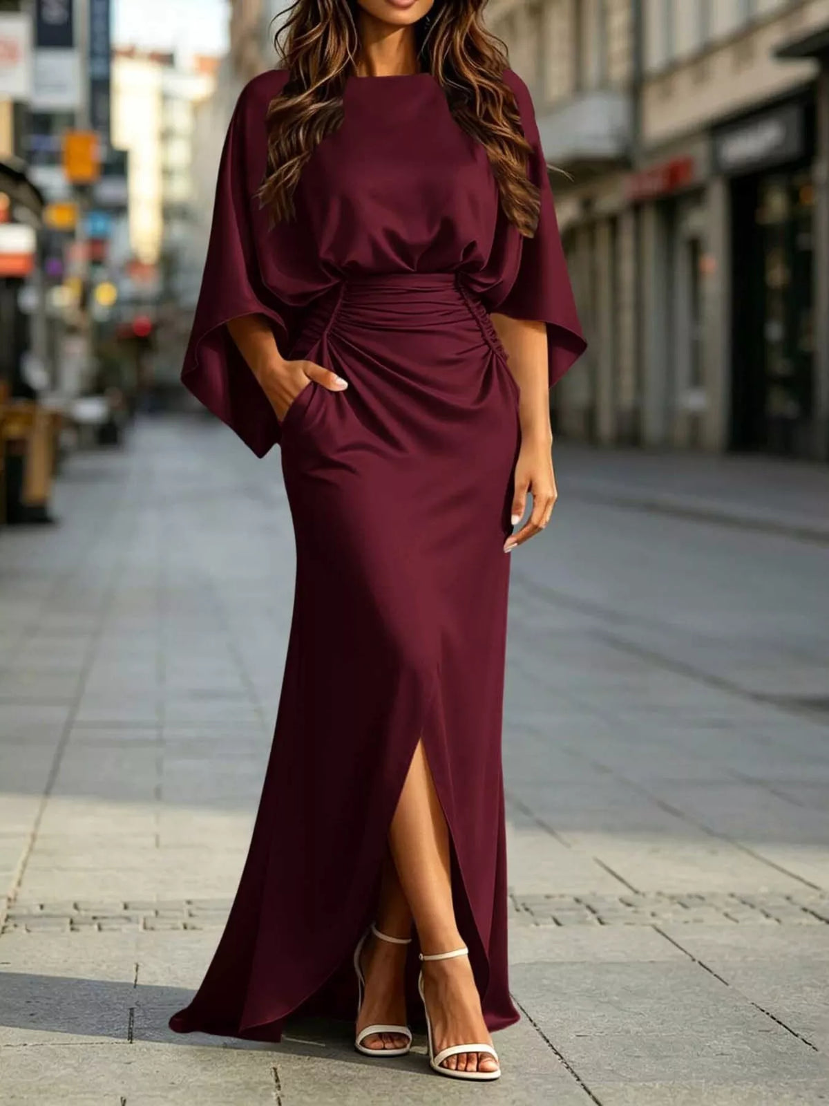Ruched-Waist Draped-Sleeve Slit Maxi Dress with Pockets