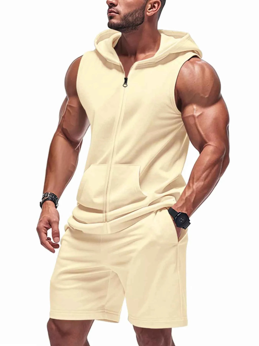 Men’s Sleeveless Zip-Front Hoodie & Shorts Set