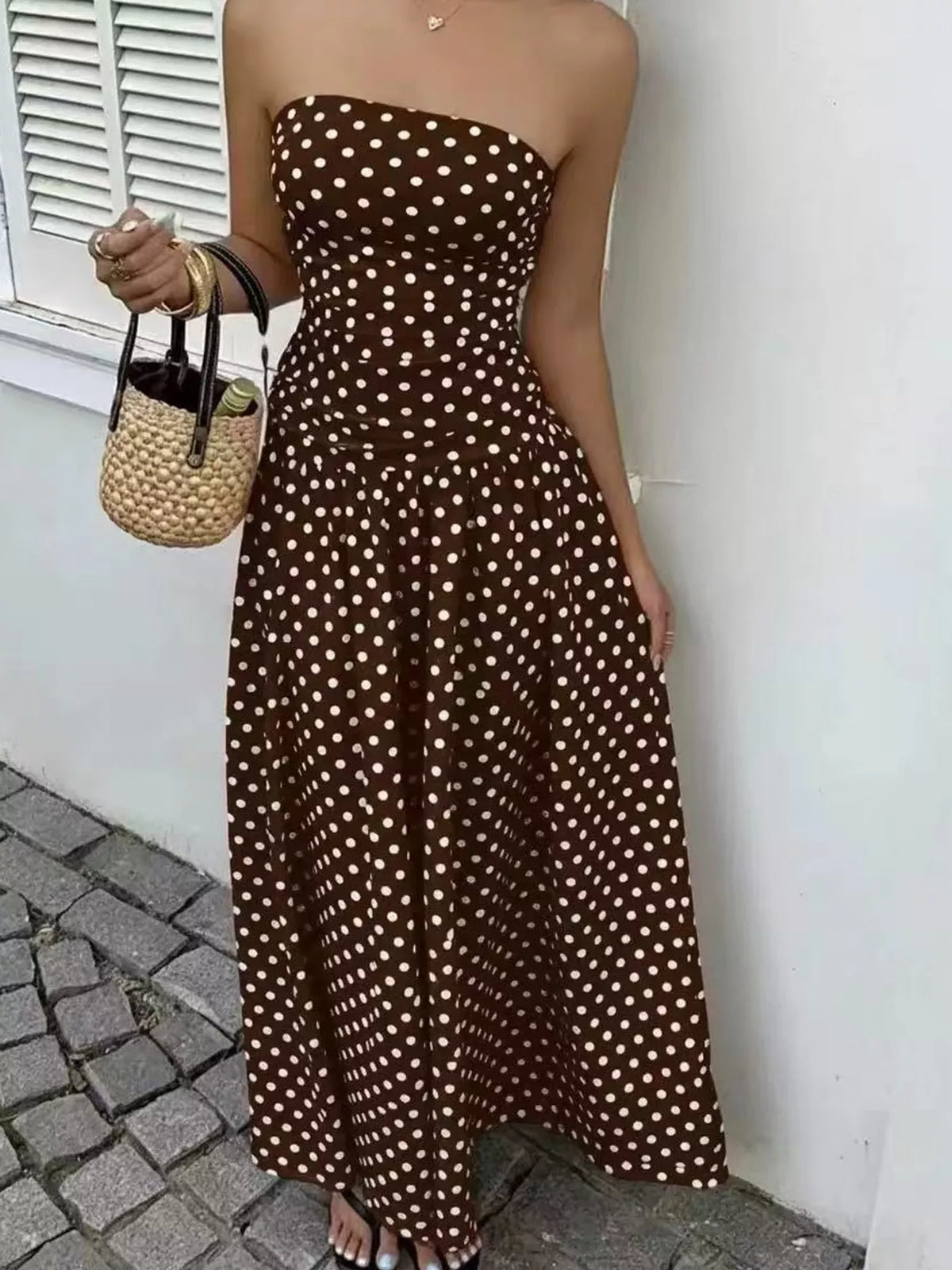 Strapless Polka-Dot Ruched Maxi Dress, S–2XL