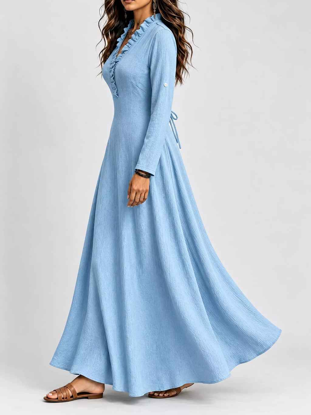 Frill V-Neck Roll-Tab Sleeve Maxi Dress, XS–3XL