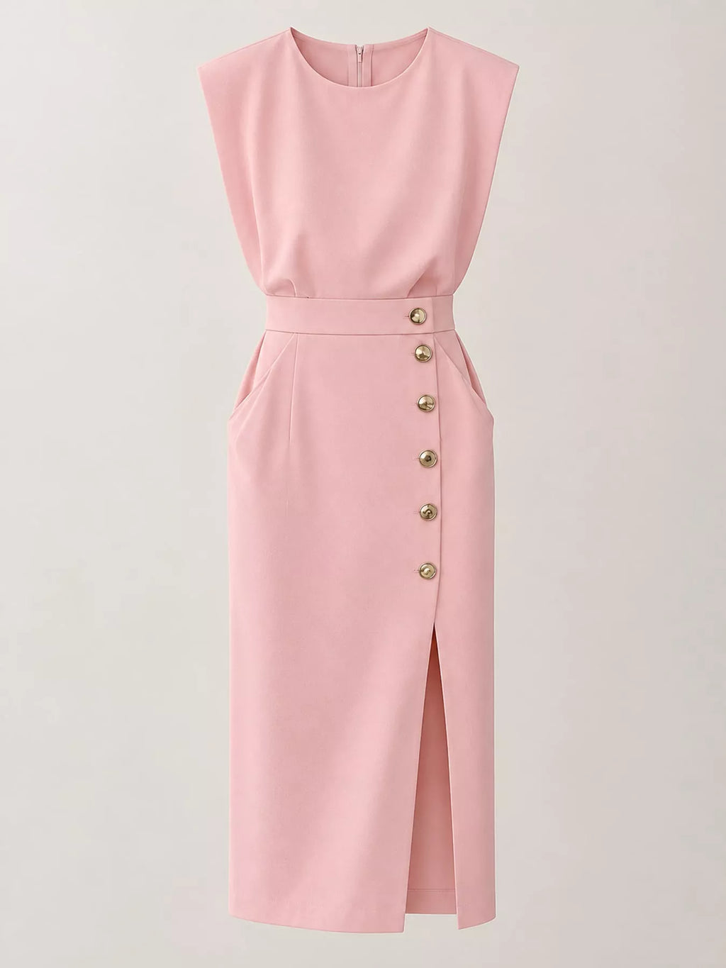 Sleeveless Gold-Tone Button-Detail Midi Dress