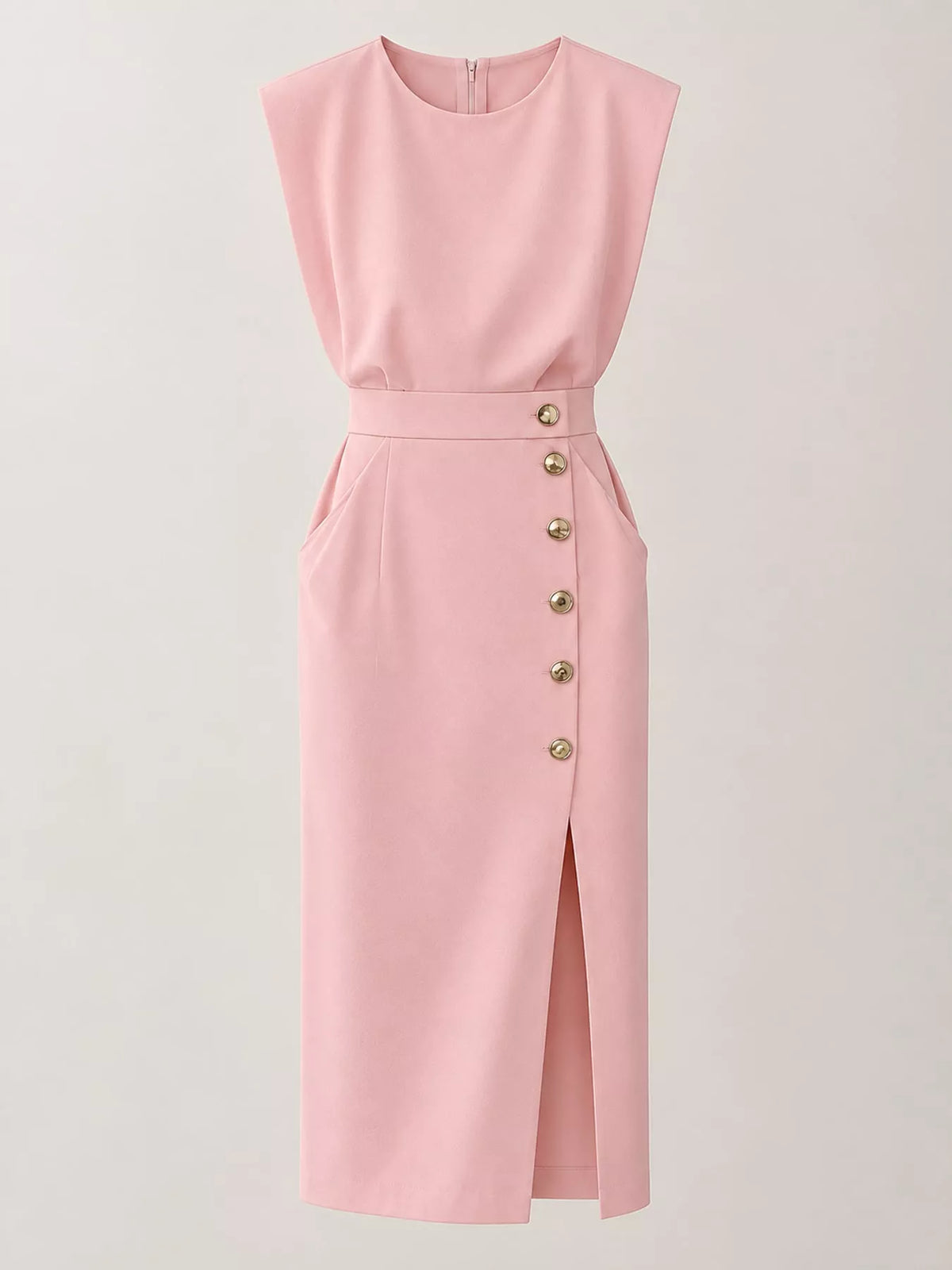 Sleeveless Gold-Tone Button-Detail Midi Dress