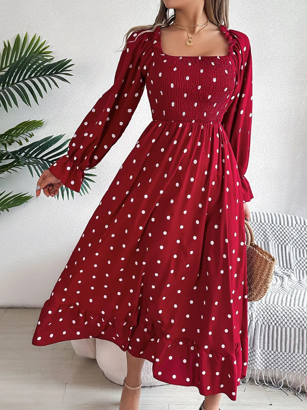 Polka-Dot Square-Neck Smocked Flounce-Sleeve Midi Dress