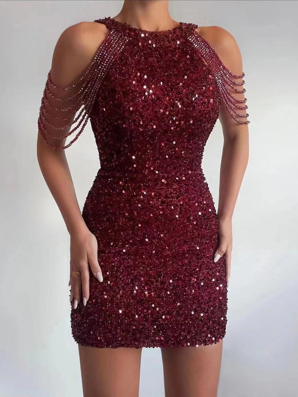 Sequin Embellished Bodycon Mini Dress with Draped Shoulder Detail