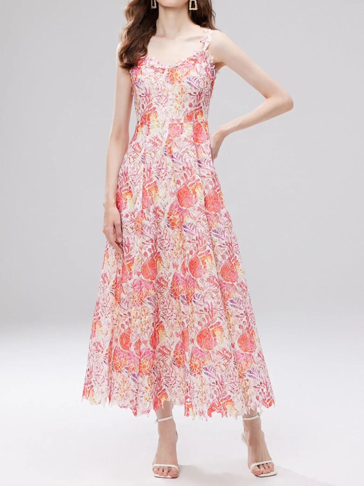 Floral Lace Sleeveless V-Neck Midi Dress