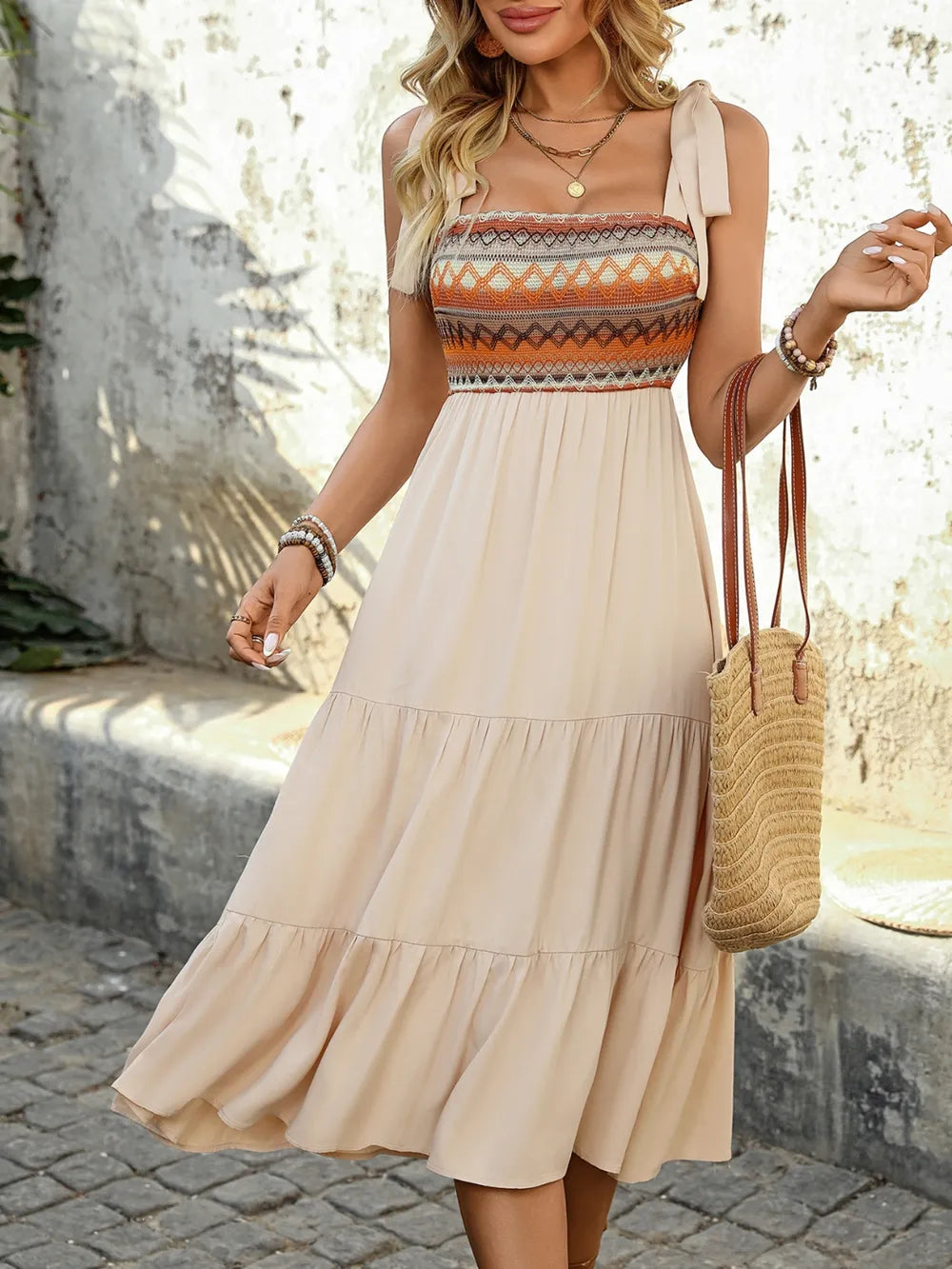 Tie-Shoulder Square-Neck Tiered Midi Dress
