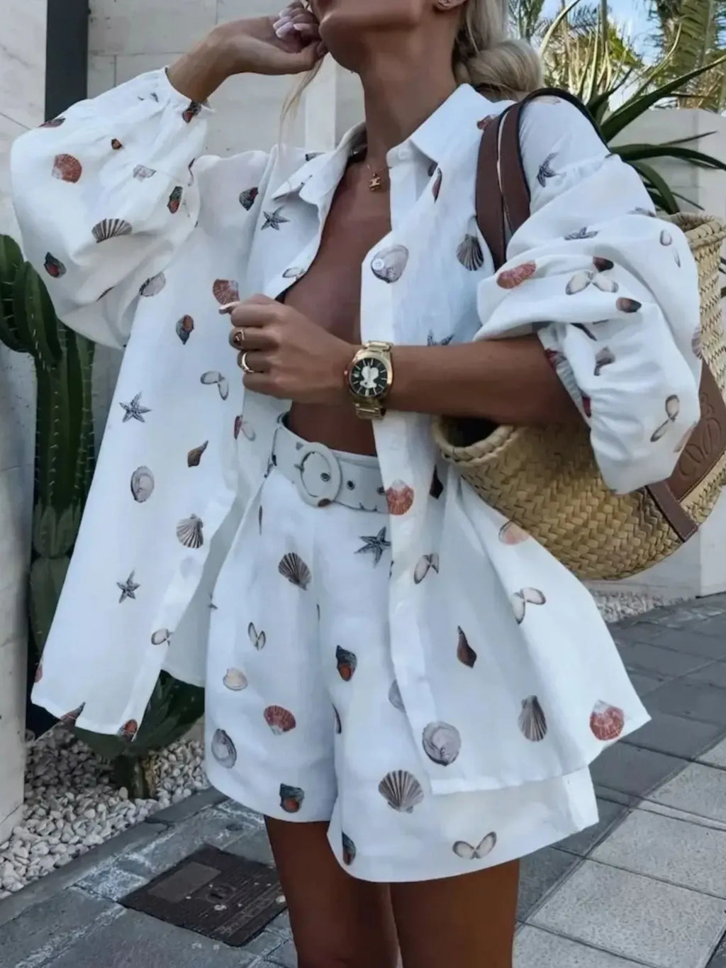 White Seashell-Print Button-Up Shirt & Shorts Set