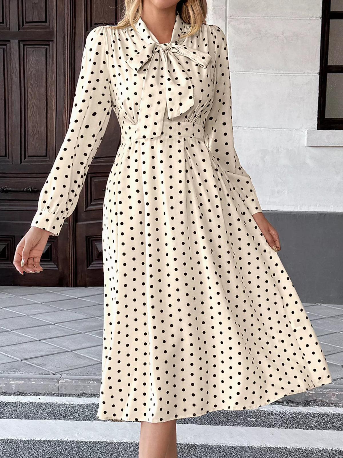 Polka-Dot Tie-Neck Long-Sleeve Midi Dress