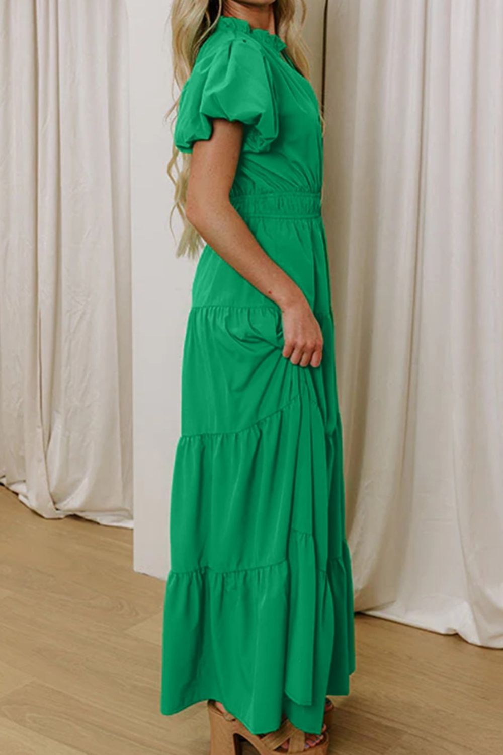 Ruffled Tiered Puff-Sleeve Maxi Dress