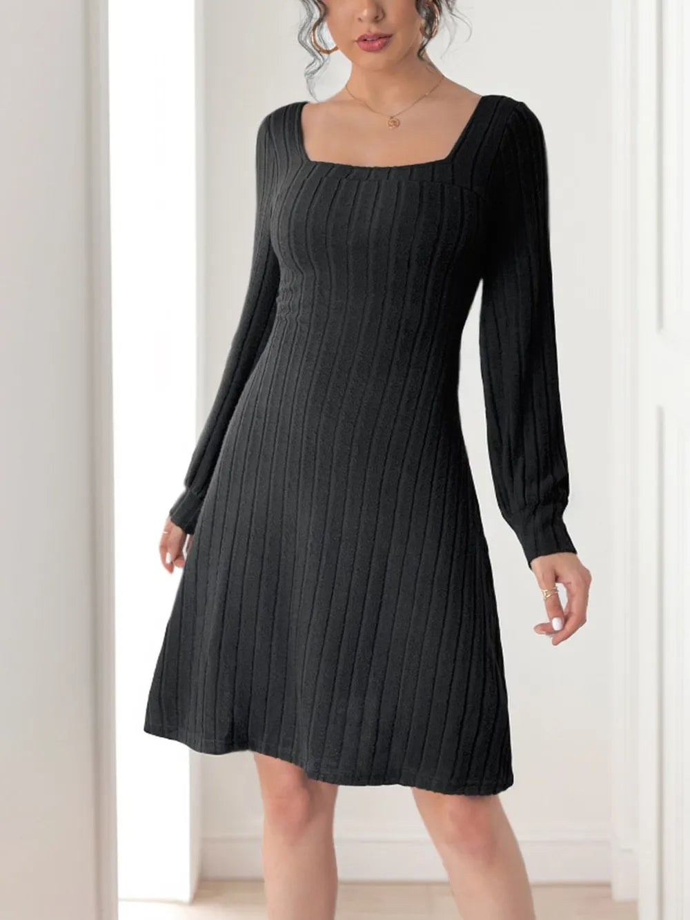 Perfee Butterfly-Back Square-Neck Long-Sleeve Dress