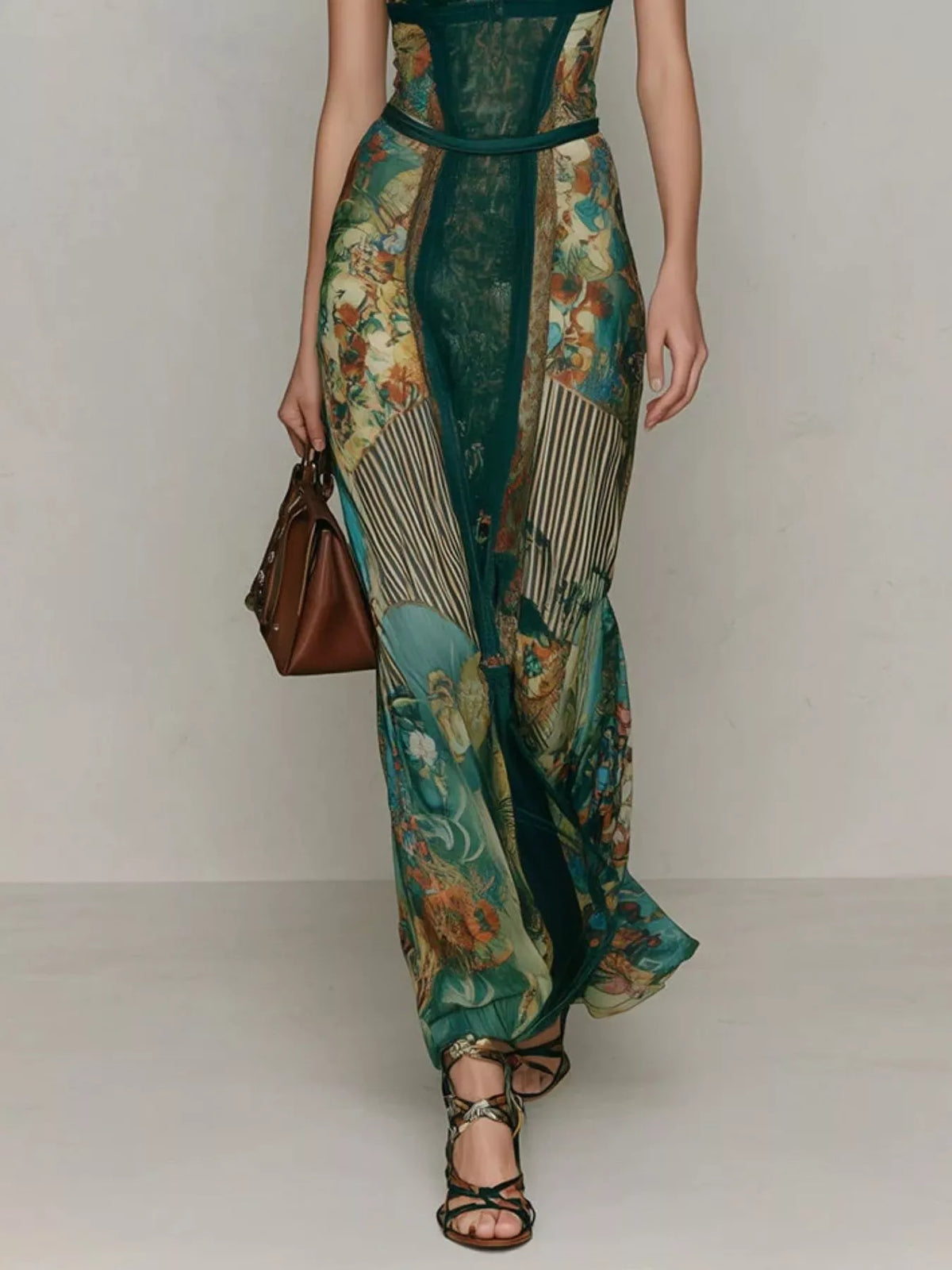 Green Lace-Detail Cap-Sleeve Maxi Dress