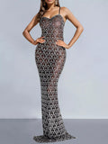 Rhinestone-Embellished Sheer Mesh Maxi Dress