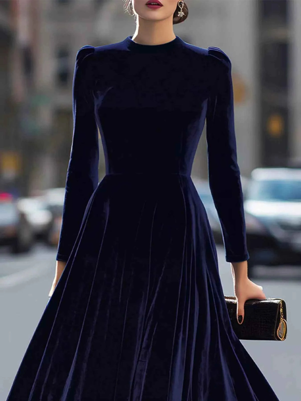 Velvet Long-Sleeve A-Line Dress