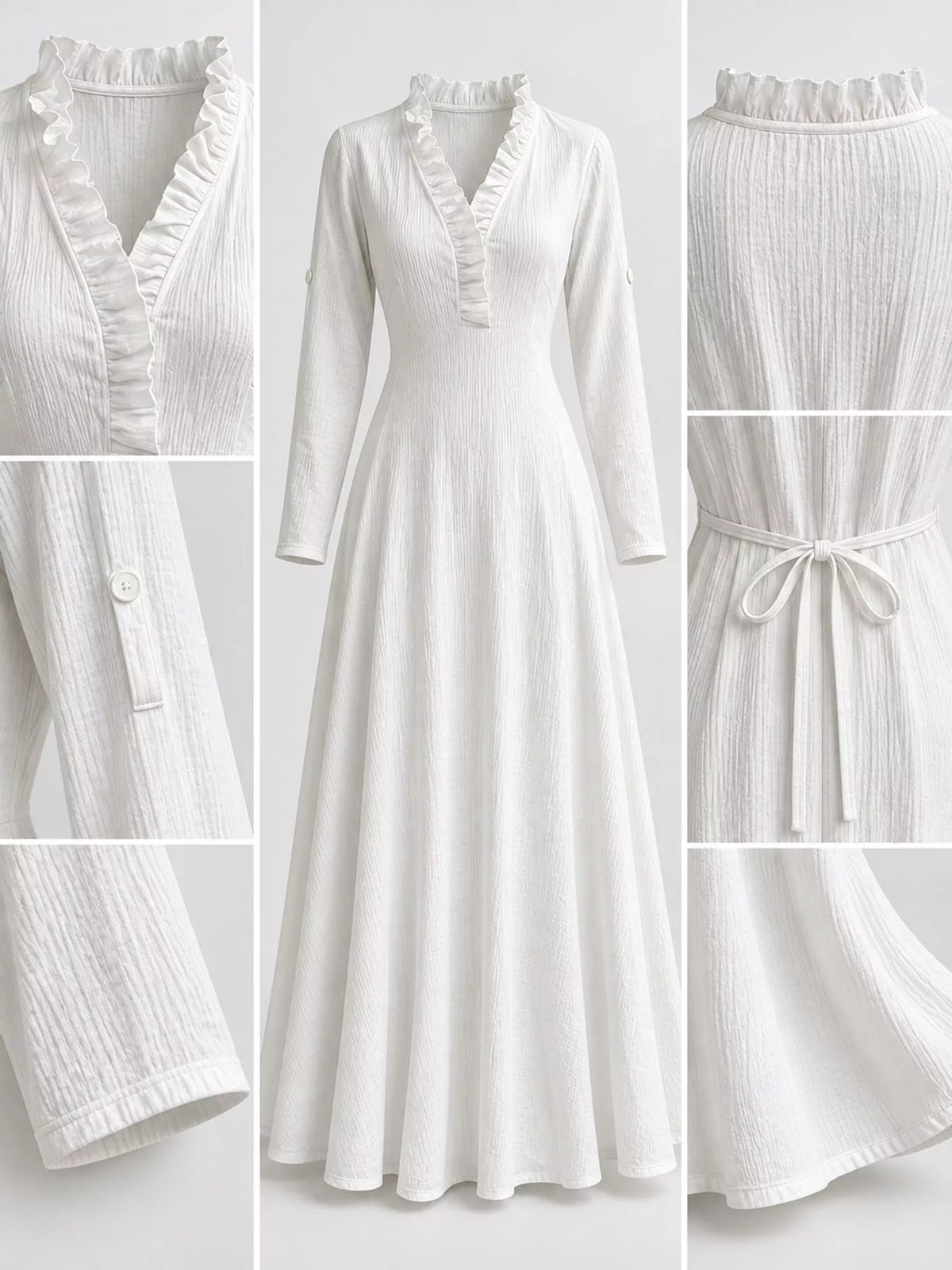 Frill V-Neck Roll-Tab Sleeve Maxi Dress, XS–3XL