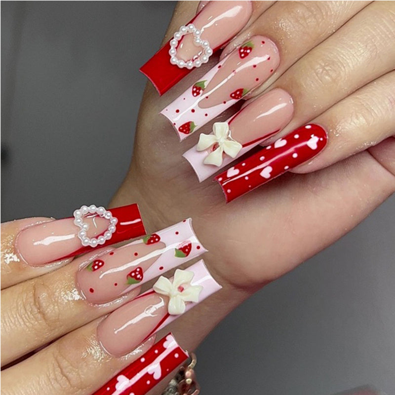 Strawberry Bow Press-On Nails – 24 PCS Long Square Head Shape | Cottagecore Y2K Design — Prime Trend Market