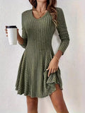 Long-Sleeve Ribbed Knit A-Line Mini Dress