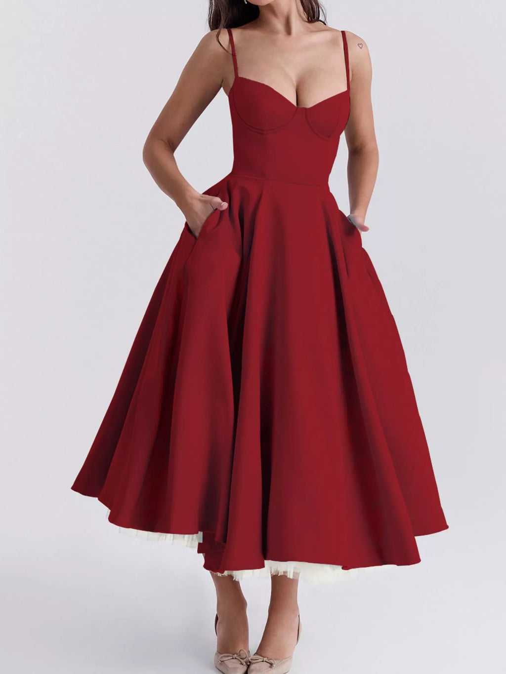 Sweetheart-Neck Pocketed A-Line Midi Dress