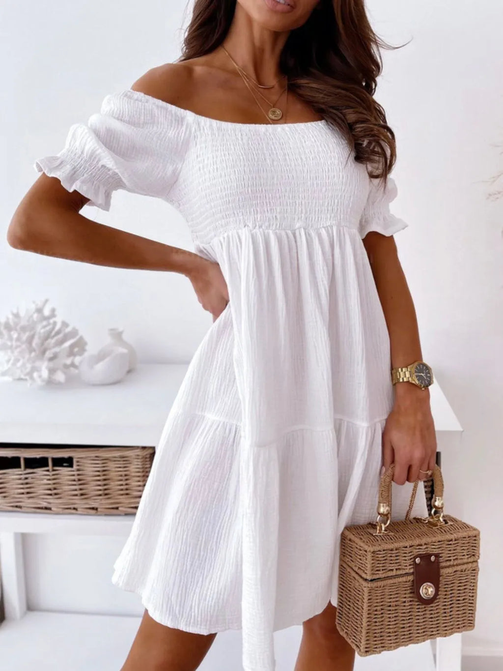 Smocked Off-Shoulder Short-Sleeve Mini Dress