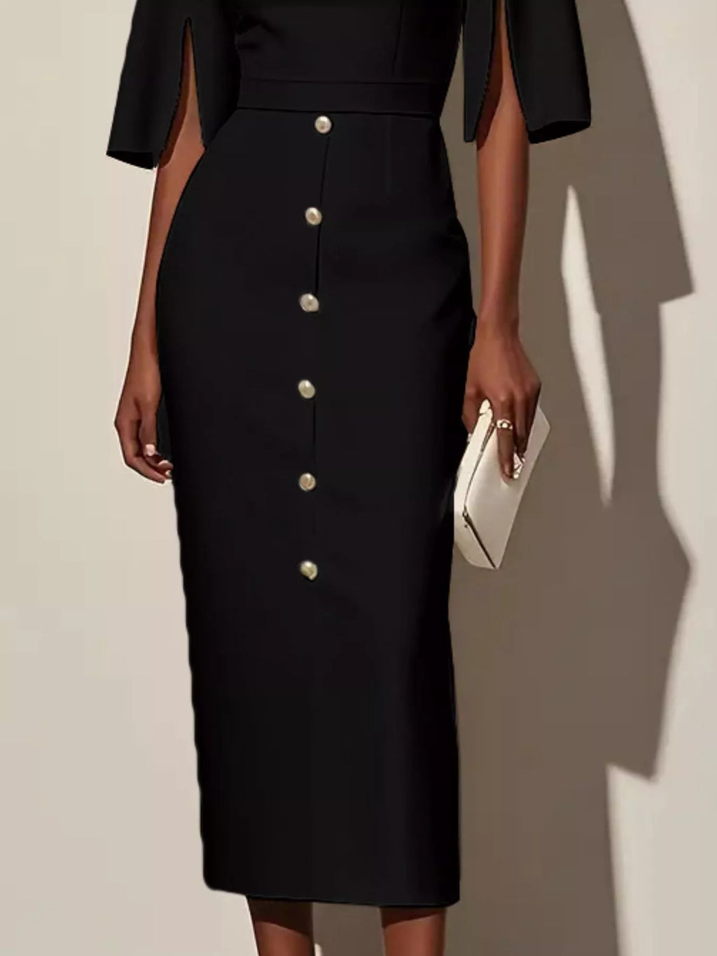Slit-Sleeve Decorative-Button Midi Dress
