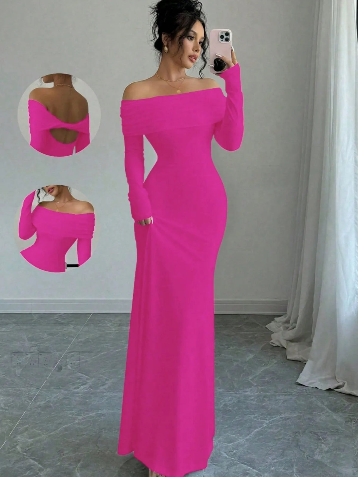 Off-Shoulder Twist-Back Long-Sleeve Bodycon Maxi Dress