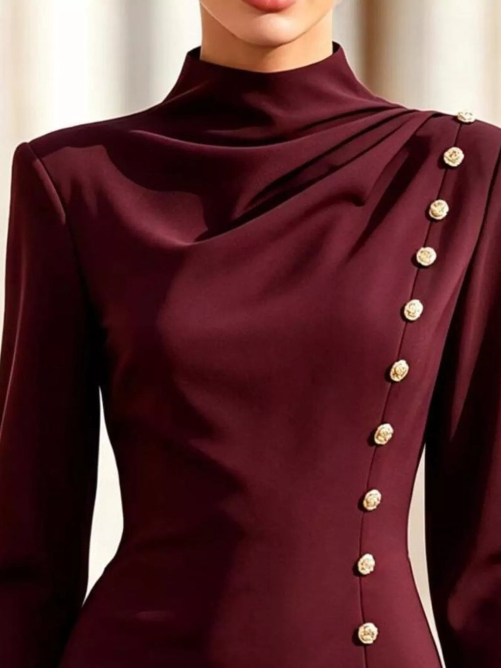 Mock-Neck Long-Sleeve Button-Detail Mini Dress