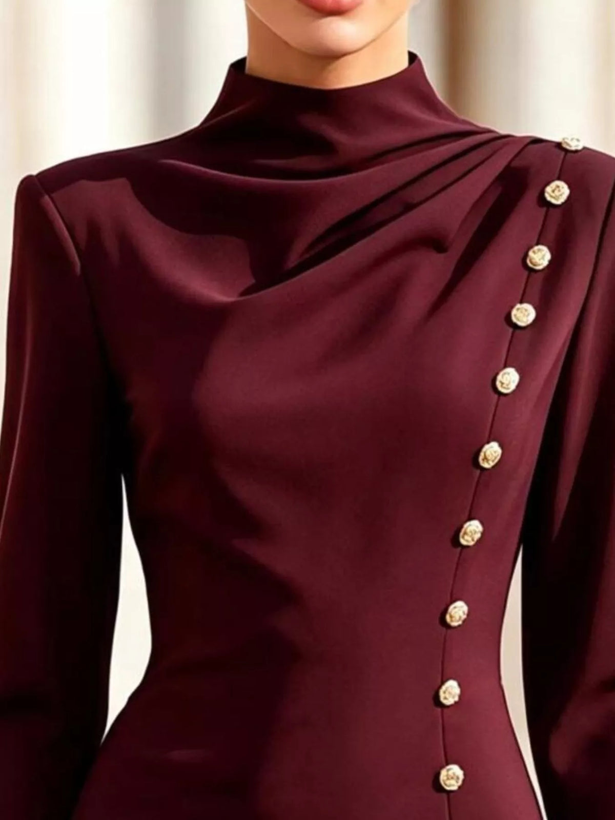 Mock-Neck Long-Sleeve Button-Detail Mini Dress