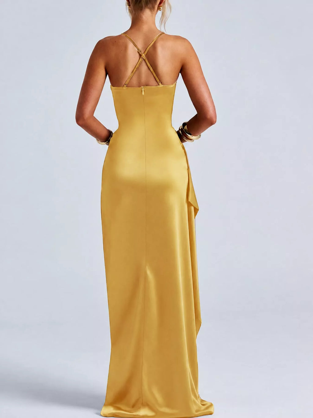 Satin Ruched High-Slit Maxi Dress