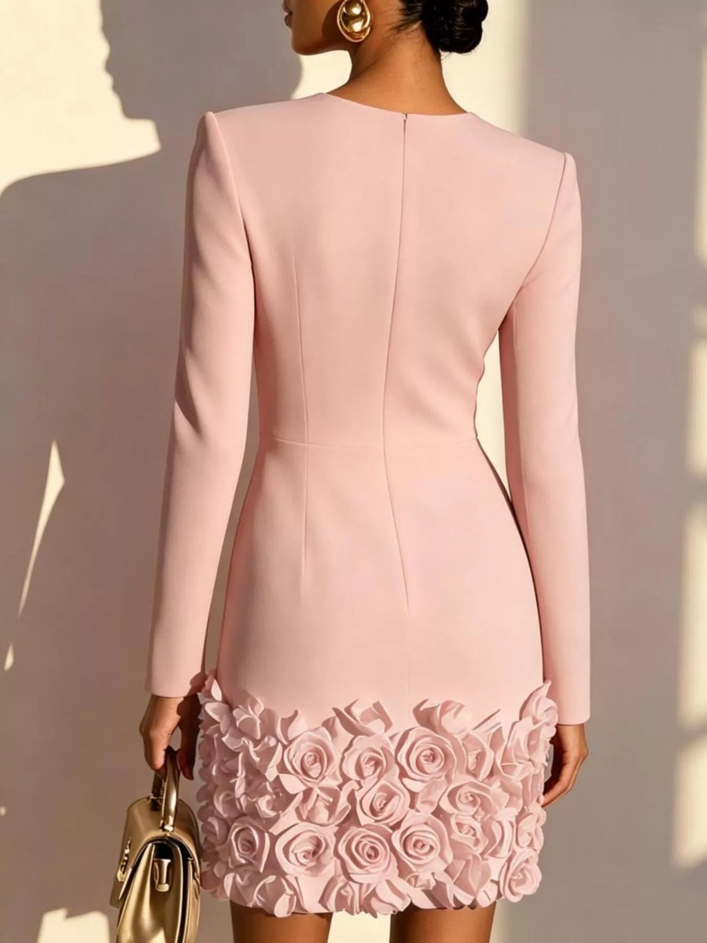 V-Neck Long-Sleeve Mini Dress with 3D Rose Hem