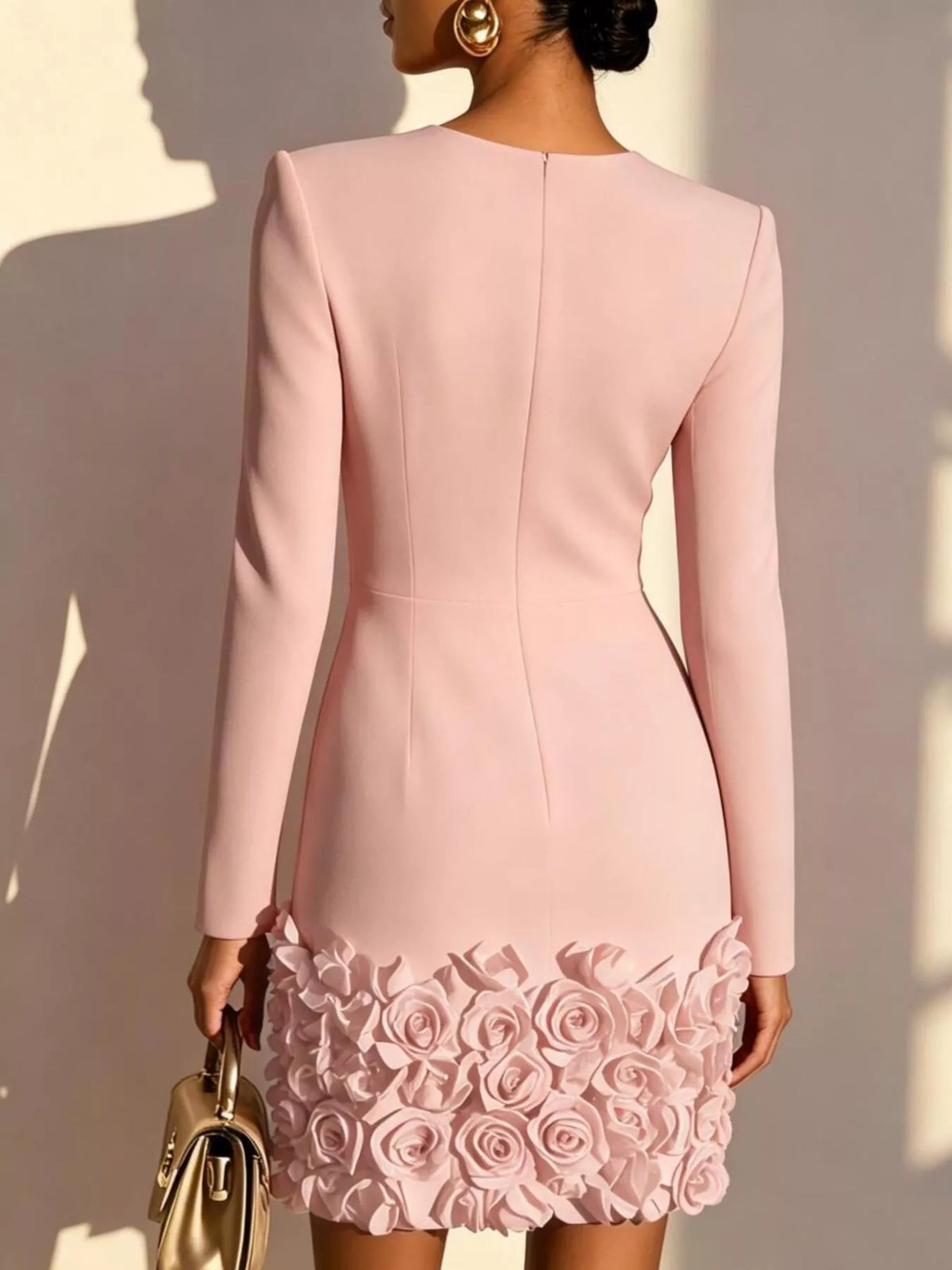 V-Neck Long-Sleeve Mini Dress with 3D Rose Hem