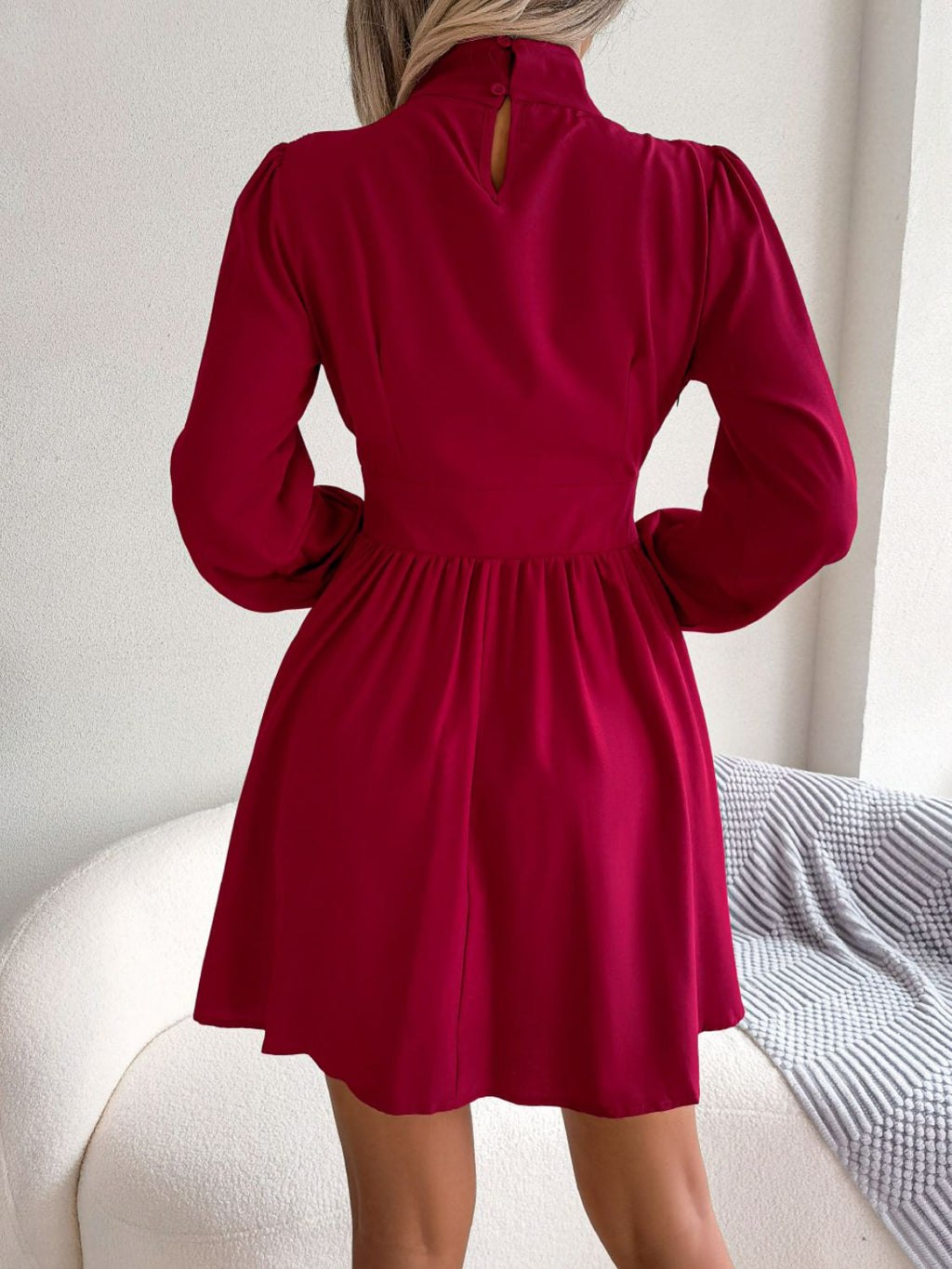 High-Neck Cutout Long-Sleeve A-Line Mini Dress
