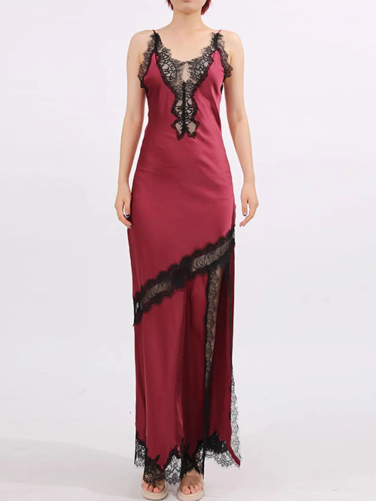 Burgundy Lace-Detail Slit Maxi Cami Dress