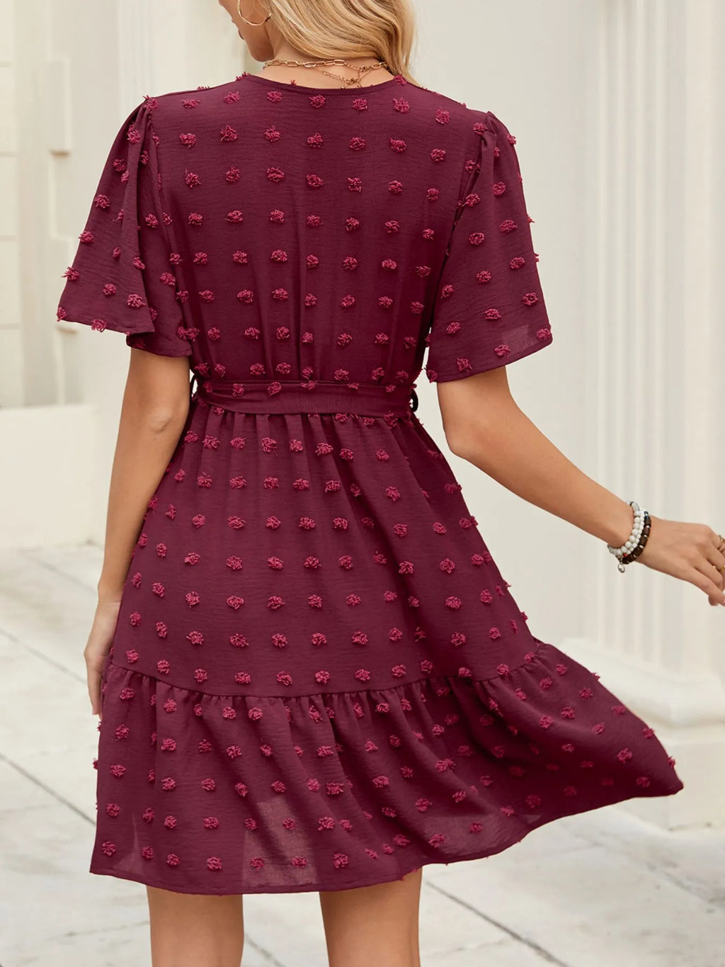 Burgundy Swiss-Dot Flutter-Sleeve Wrap-Look Dress