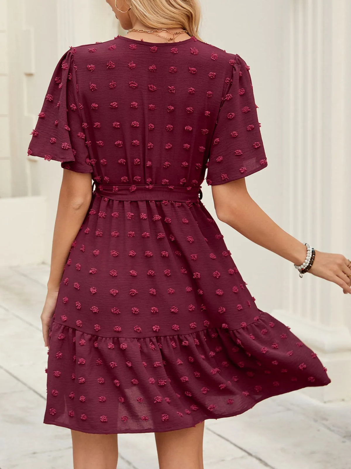 Burgundy Swiss-Dot Flutter-Sleeve Wrap-Look Dress