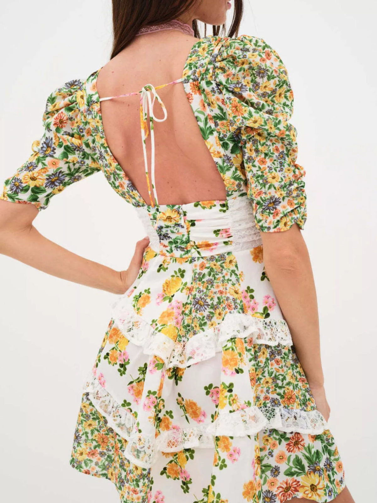 Ruffled Floral-Print Half-Sleeve Dress