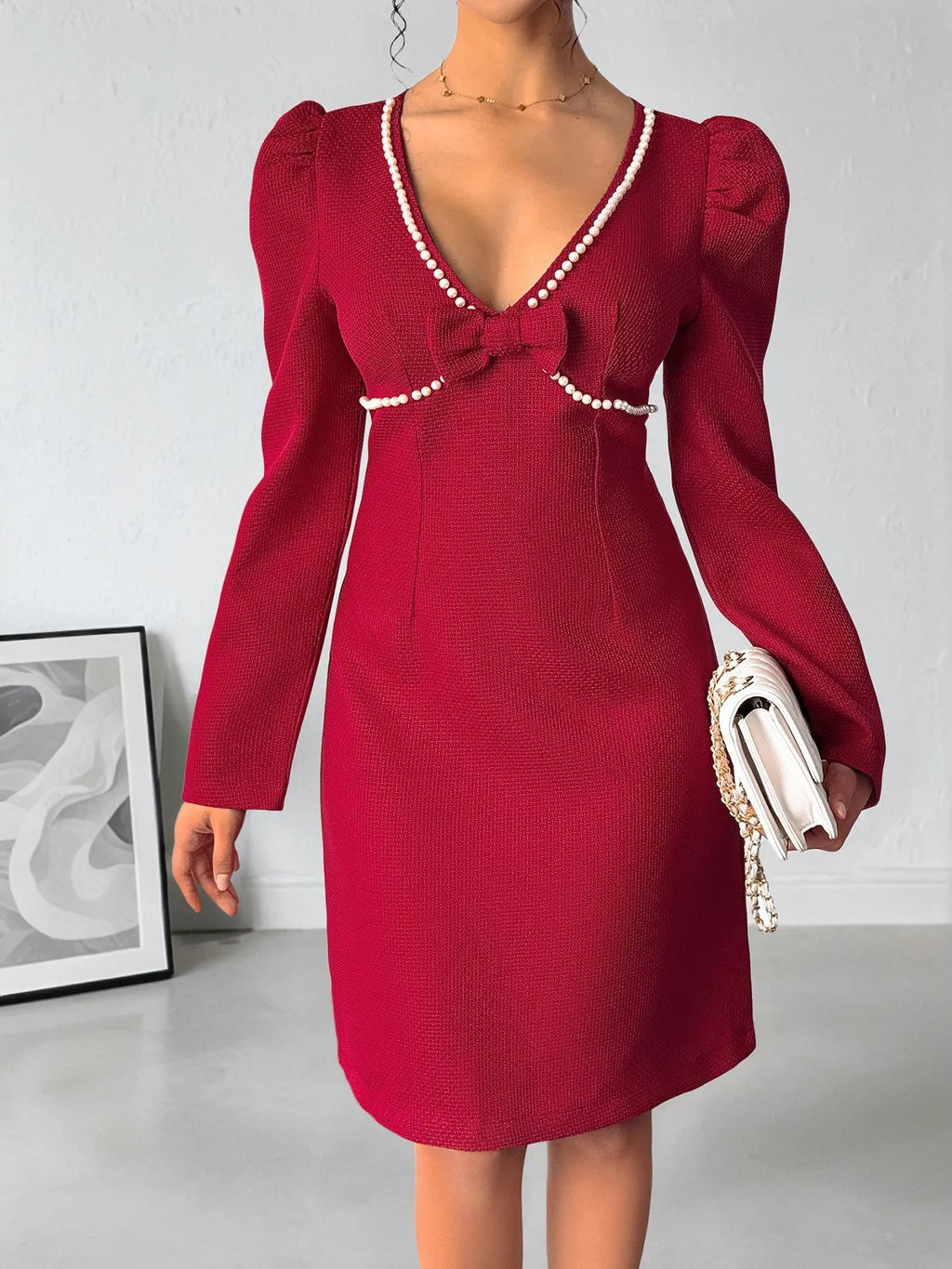 Perfee Pearl-Look Trim V-Neck Long-Sleeve Bodycon Dress
