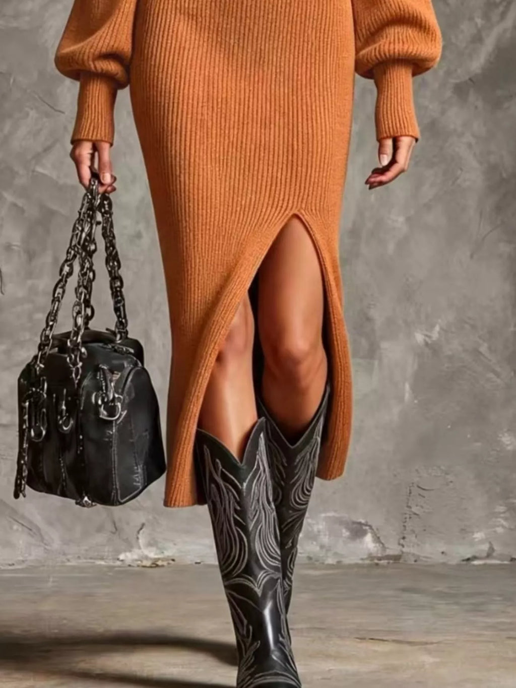 Ribbed Quarter-Zip Lantern-Sleeve Slit Sweater Midi Dress