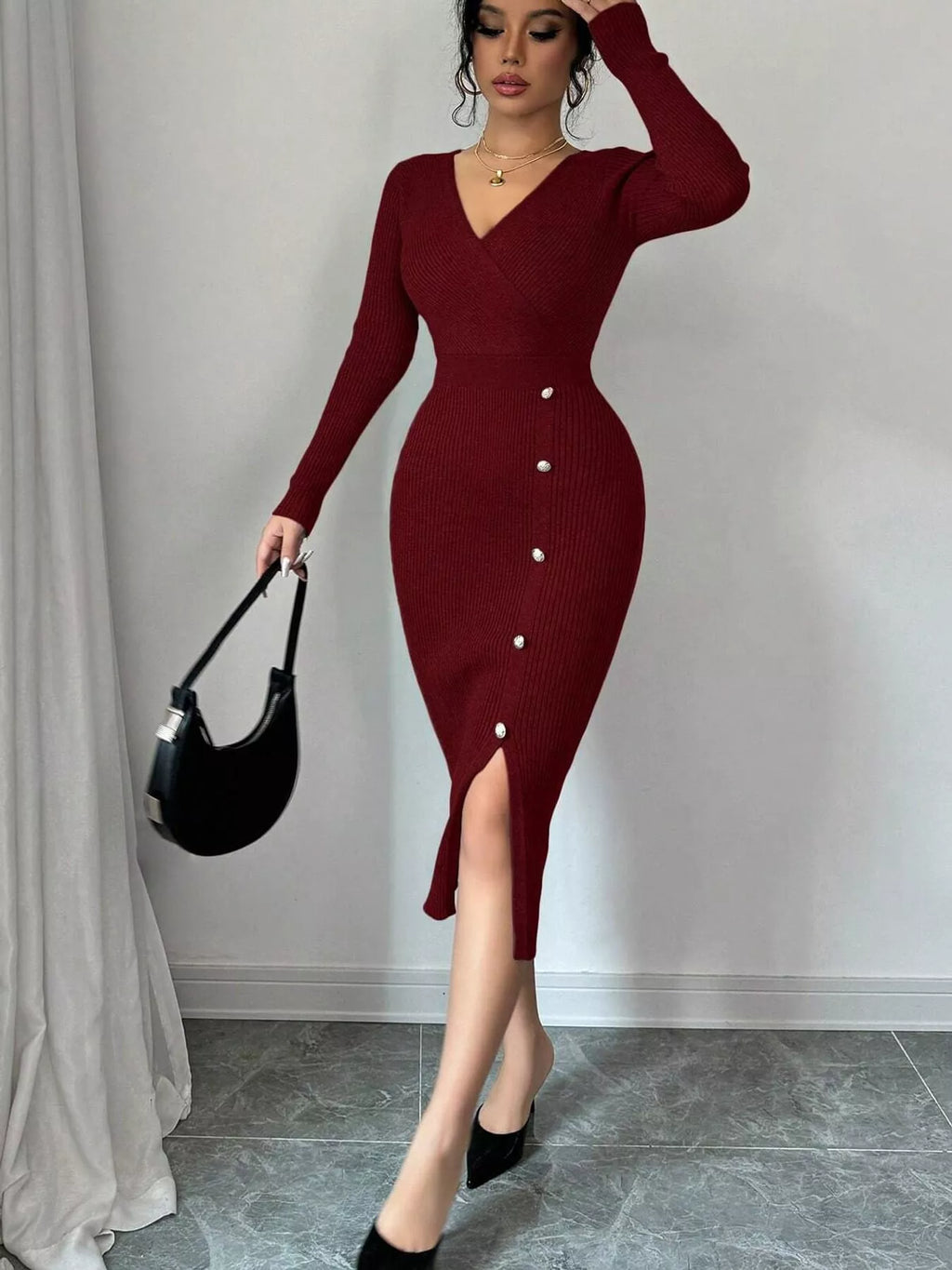Ribbed Knit Sweater Dress with Decorative Buttons